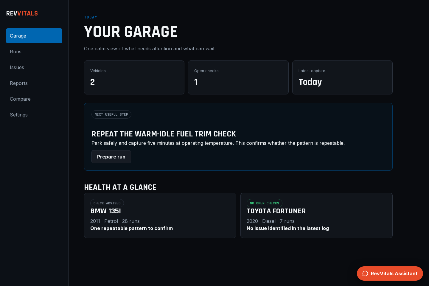 RevVitals member dashboard showing a next useful step and two vehicle cards